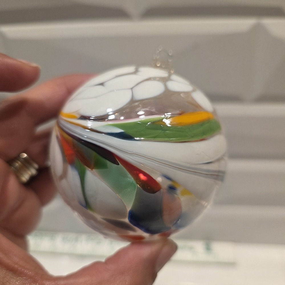 Set Of 2 Art Glass Hand Blown Christmas Ornament Orb Balls Blue Swirl & Multi - Picture 9 of 13
